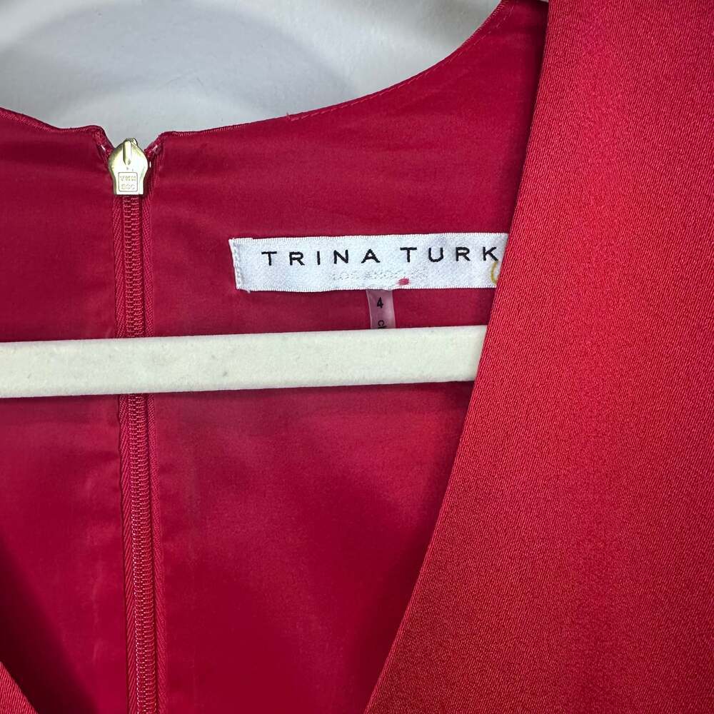 Trina Turk Red 3/4 Sleeve V-Neck Ruffle Faux-Wrap Sheath Dress, Sz 4 - Picture 4 of 6